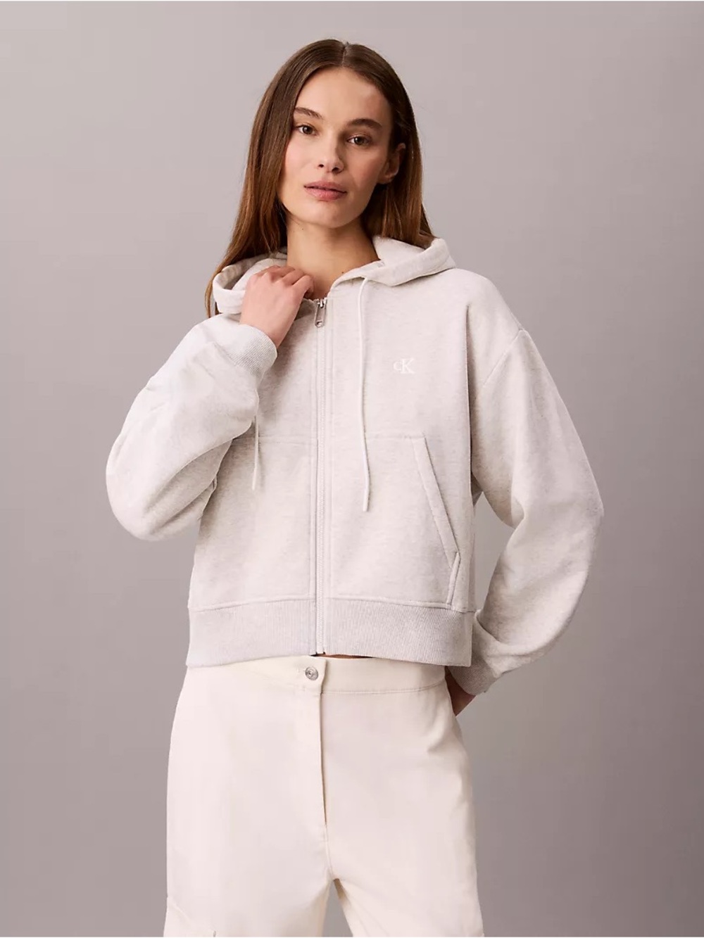 Calvin Klein full zip cream heather hoodie monogram NWOT sz XXS cozy fleece